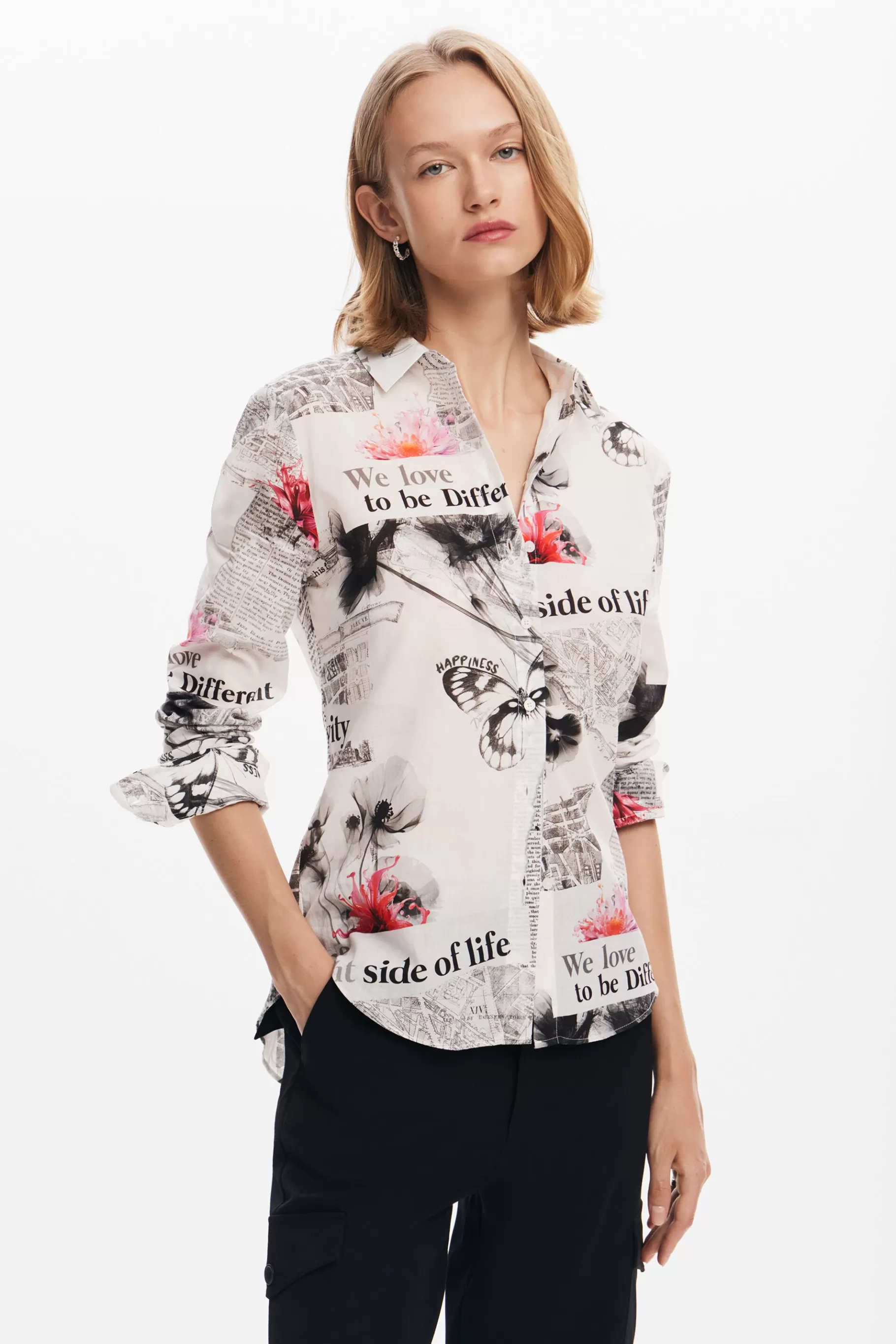 Desigual Camisa texto flores*Mujer Camisas Y Blusas