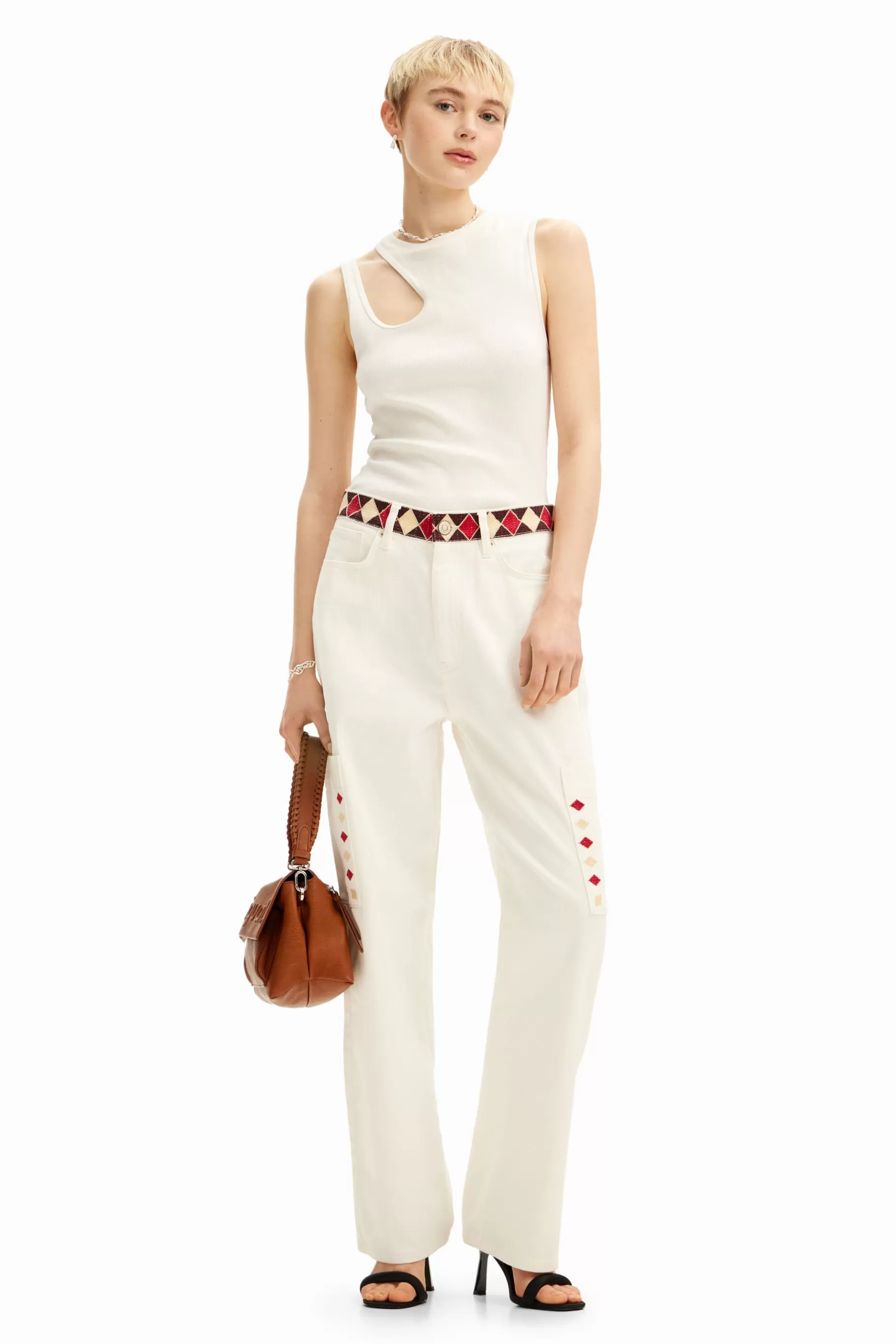 Desigual Pantalón denim cropped con bordes de rombos*Mujer Vaqueros