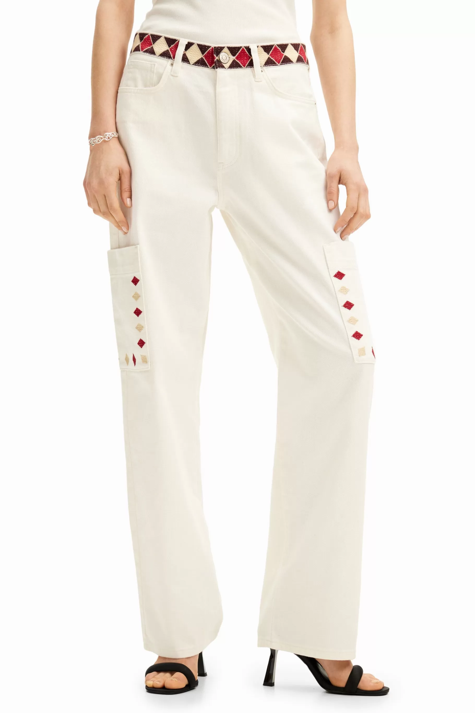 Desigual Pantalón denim cropped con bordes de rombos*Mujer Vaqueros