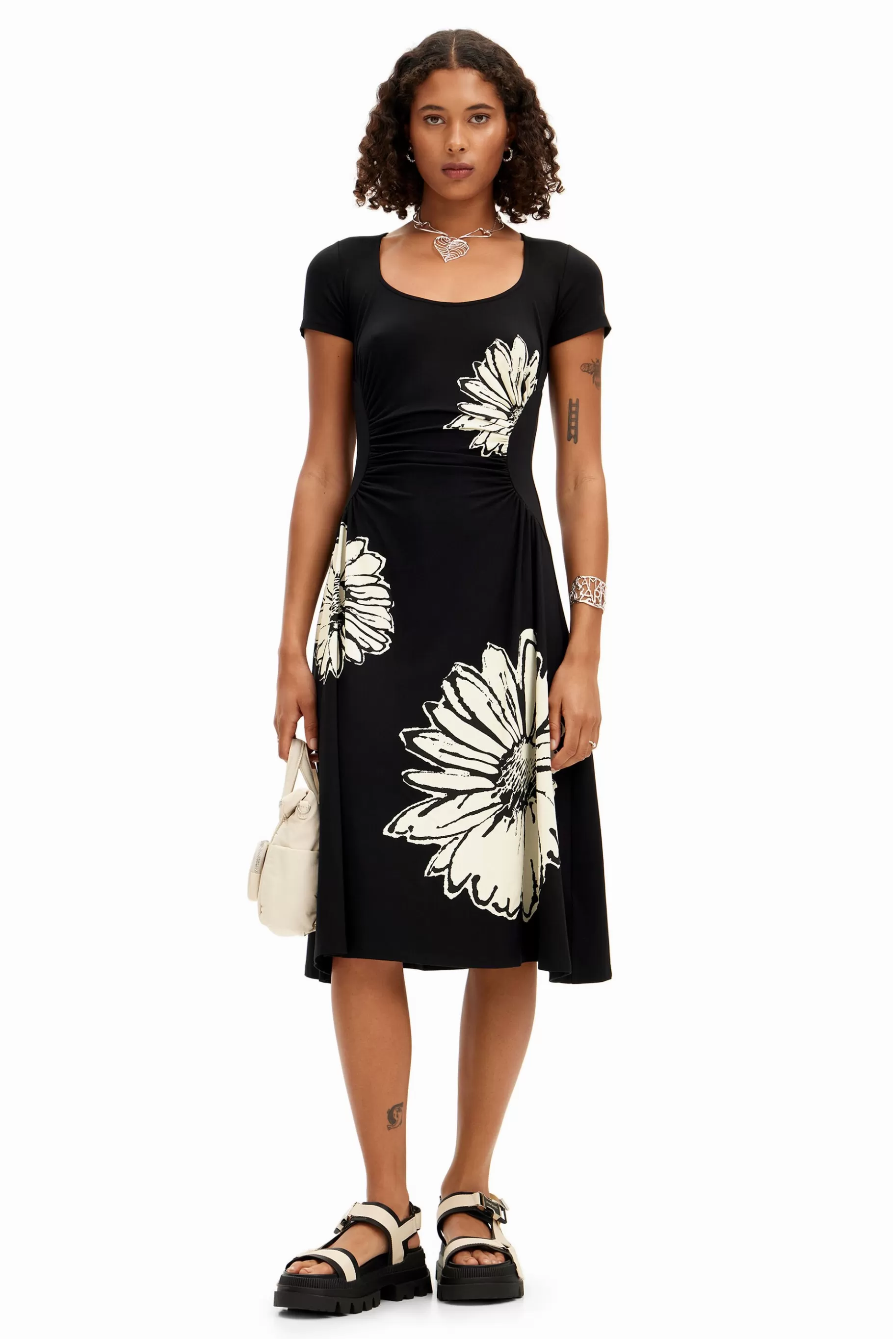 Desigual Vestido midi de manga corta con escote y margaritas*Mujer Vestidos Y Monos