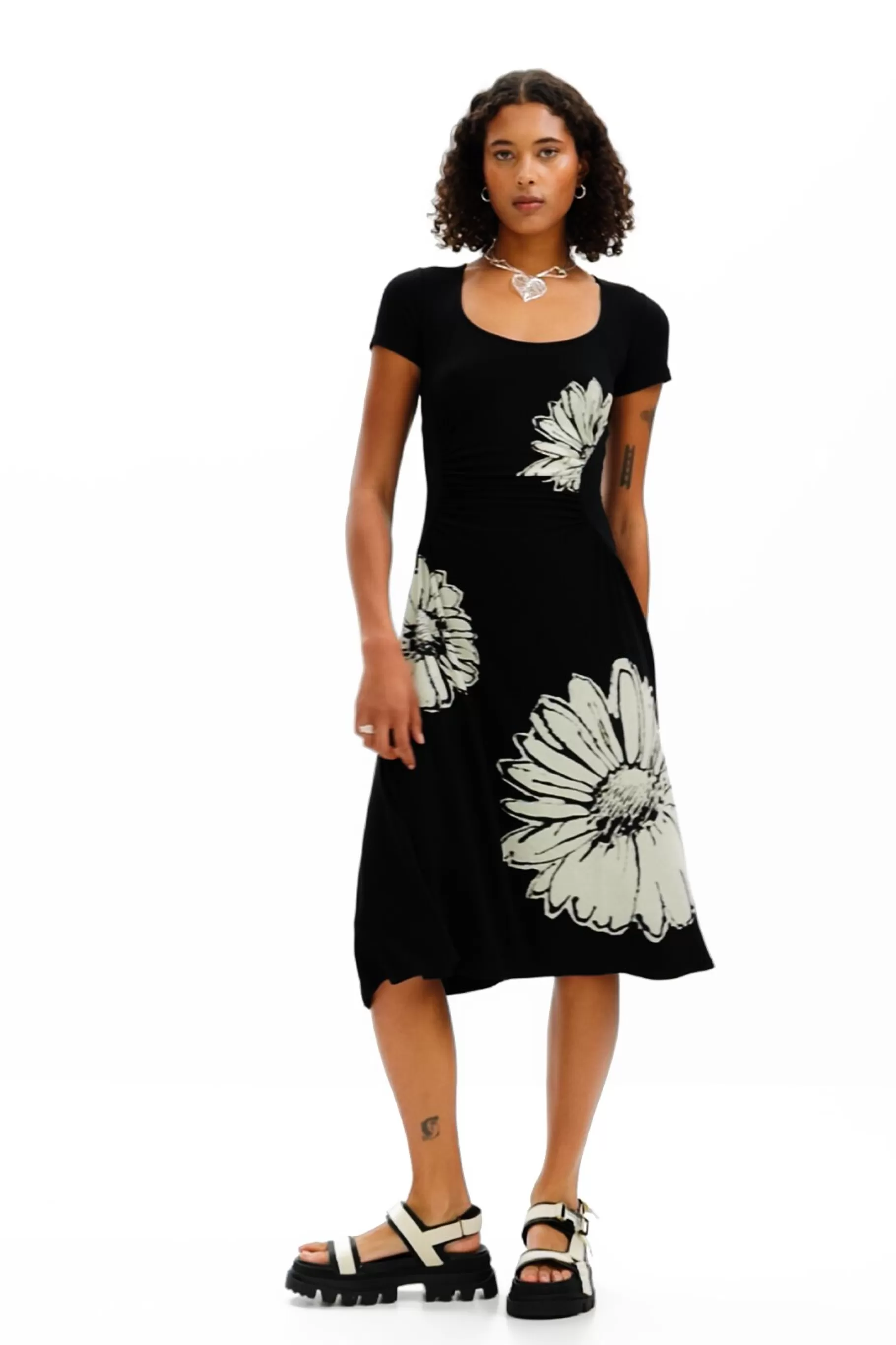 Desigual Vestido midi de manga corta con escote y margaritas*Mujer Vestidos Y Monos